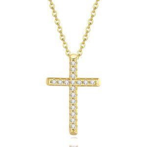 🆕 Women Gold Diamond Cross Necklace Small Sterling Cubic Zirconia Stone Jewelry